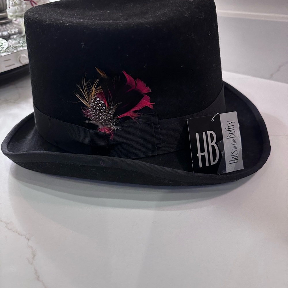 Black Fur Felt Top Hat with Feather Accent